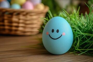 Poster - A blue Easter egg with an adorable smiley face, placed on the table beside green grass and a basket of colorful eggs. The background is blurred to emphasize the egg's cuteness.