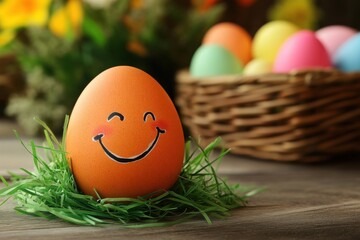 Poster - Easter egg with a smiley face on a wooden table, a basket of colorful eggs in the background, and green grass, creating an Easter concept.
