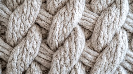 Poster - Detailed close-up of a cream-colored knitted fabric featuring a complex braiding pattern, showcasing craftsmanship and the soft texture of wool fibers