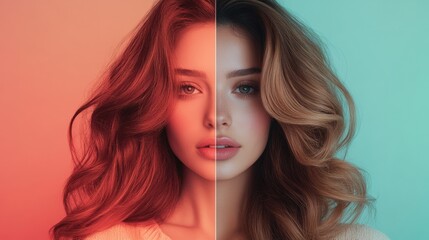 Poster - Transformation of hairstyle showcased through contrasting styles and colors in a creative split image. Generative AI