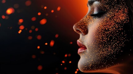 Poster - A woman with closed eyes is depicted, her face sparkling with bright, glowing particles. The dark backdrop enhances the vibrant colors, creating a mesmerizing effect during an artistic exploration