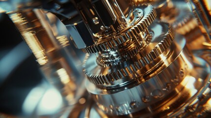 Poster - A detailed view of interlocking gears and mechanical elements reveals the complexity of engineering. The shiny metallic surfaces reflect light, creating an intriguing visual