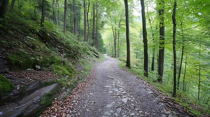 Aufkleber - Sunlit Path Through Lush Green Forest with Tall Trees and Leafy Underbrush : Generative AI