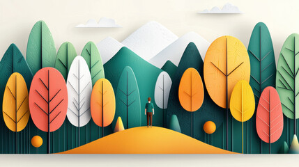 Wall Mural - September, A person walking through a golden forest in a flat illustrated style, showcasing high fidelity imagery.