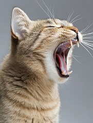 Poster - Intense closeup of a yawning cat revealing sharp teeth and detailed fur in a natural light setting : Generative AI