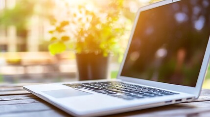 Poster - Modern Laptop Open on a Wooden Table Surrounded by Green Plants in a Bright Light Environment : Generative AI