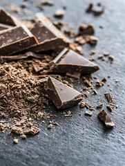 Poster - Scattered pieces of rich dark chocolate and shavings on a dark background for mouthwatering dessert inspirations : Generative AI