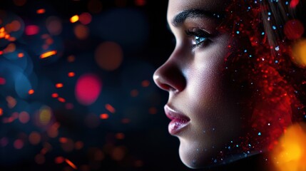Poster - Young woman gazes thoughtfully to the side while surrounded by a backdrop of colorful lights and sparkling particles, creating an ethereal atmosphere