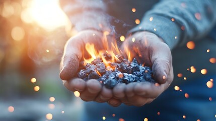 Fototapete - Hands holding glowing coal embers with sparks against a soft sunlight background representing warmth : Generative AI