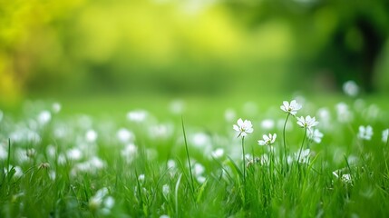 Poster - Vibrant carpet of white wildflowers blooming in lush green grass under soft natural light : Generative AI