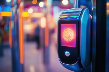 Poster - a close-up of a biometric payment system being used in a futuristic retail store . a machine illumin