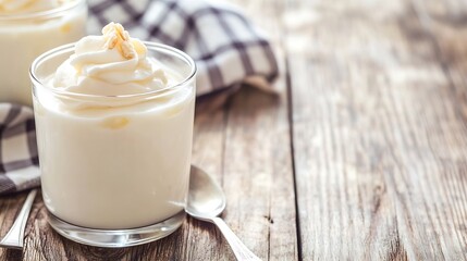 Poster - Decadent dessert in glass cups topped with cream set on rustic wooden table inviting sweet indulgence : Generative AI