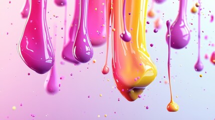 Poster - Bright paint drips from above, blending in shades of pink, purple, and orange against a soft pastel background. The vibrant colors create an energetic and playful atmosphere