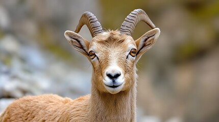 Poster - Closeup portrait of a young goat showcasing its expressive face and unique curled horns in a natural setting : Generative AI