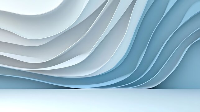 Abstract Blue and White 3D Render: Fluid Wave Forms in a Minimalist Setting AI Generated