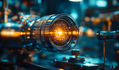 Poster - Close-up of advanced photon technology with glowing central node in scientific laboratory for quantum research and experimentation