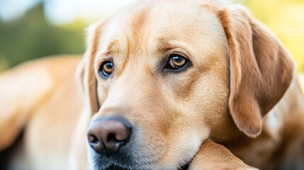 Poster - Beautiful close up of a golden Labrador dog showing its expressive eyes in natural sunlight : Generative AI