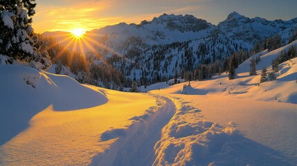 Wall Mural - Snowy mountain path at sunset