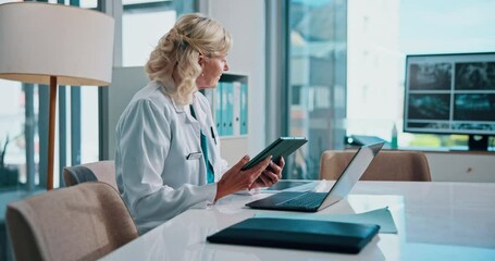 Poster - Healthcare, doctor and woman with tablet, reading and serious for research of diagnosis, online and clinic. Office, medical professional and person with laptop for info, browsing and tech in hospital