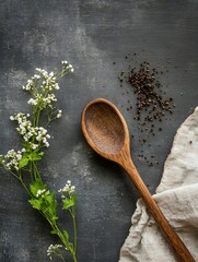 Poster - Organic herbs and spices with wooden spoon and fresh flowers on rustic background for natural recipes : Generative AI