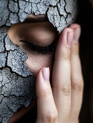 Aufkleber - Artistic portrayal of a woman with cracked skin symbolizing deep emotional struggles and inner turmoil : Generative AI