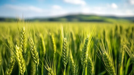Aufkleber - CloseUp Shot of Wheat Grains in a Vibrant Green Field Under Bright Blue Sky : Generative AI