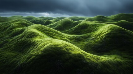 Surreal landscape made entirely of moss, with rolling hills, moss covered trees.