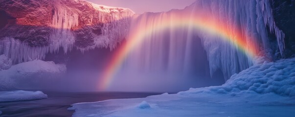 Wall Mural - Majestic frozen waterfall with vibrant rainbow in winter landscape