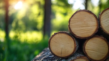 Aufkleber - Closeup view of freshly cut tree logs stacked on the ground in a sunlit forest : Generative AI