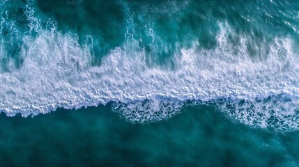 Poster - Aerial view of rolling ocean waves creating foam patterns on tranquil turquoise water : Generative AI