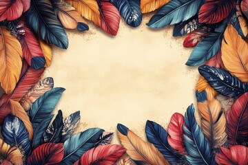 Poster - Vibrant feathers forming a border on a vintage paper background, creating space for text or design elements