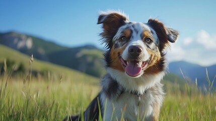 Poster - Happy Australian Shepherd dog sitting in a sunny grassy field against a stunning landscape : Generative AI
