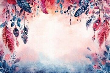 Poster - Watercolor painting creates a frame of colorful feathers, leaves, and splatters around a white background