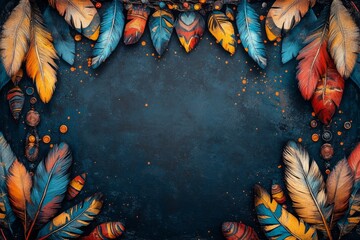 Poster - Vibrant painted feathers arranged on a dark textured background, forming a border with empty space in the center