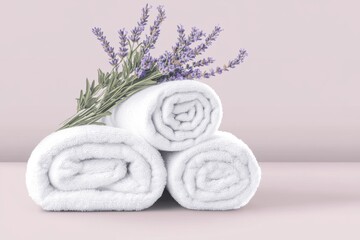 Rolled white towels topped with fresh lavender sprigs against a soft pastel background, evokes a sense of calm and spa-like serenity and hygiene.