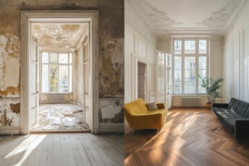 Leinwandbilder - Transformation of a neglected apartment into a bright and inviting modern living space with stunning interior design. Generative AI