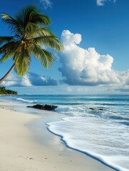 Fototapete - Serene tropical beach with palm trees and gentle waves under a bright blue sky. Generative AI