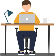 Poster - Man working on laptop at desk in flat vector illustration style