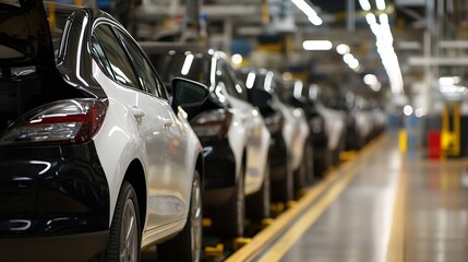 Poster - Automobile Manufacturing Assembly Line with Sleek Cars Under Bright Lights : Generative AI