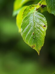 Poster - Closeup of a Fresh Green Leaf with Dew Drops Against a Soft Background : Generative AI
