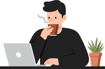Poster - Man enjoying coffee while working on laptop in minimal style vector art