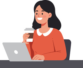 Poster - Woman working on laptop while holding coffee cup in flat vector art