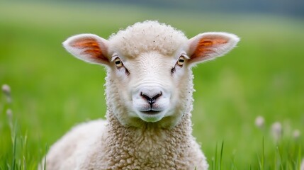 Aufkleber - Adorable closeup of a fluffy sheep with a gentle expression set against a green meadow background : Generative AI