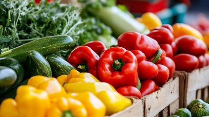 Poster - Colorful assortment of fresh red and yellow bell peppers along with green vegetables at a market : Generative AI