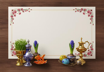 nowruz invitation design template. blank space for text. haft-seen table elements goldfish hyacinths