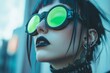 © Michael - Close-up of a cyberpunk woman wearing futuristic goggles and black lipstick, showcasing a unique urban style