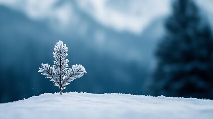 Poster - Delicate Small Pine Tree Covered in Frost Standing Alone on a Snowy Ground in Winter : Generative AI
