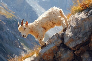 A charming image of a young goat climbing playfully on a rocky outcrop in a sunlit pasture .