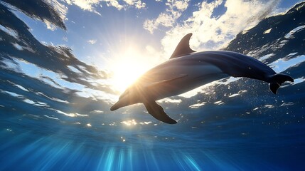 Poster - Sleek dolphin swimming gracefully beneath the sunlit surface of the ocean surrounded by radiant blue water : Generative AI