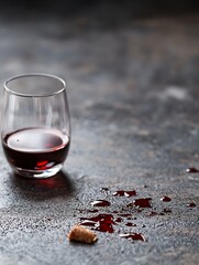 Aufkleber - Spilled red wine on dark rustic surface with glass and crumbs for dramatic effect : Generative AI